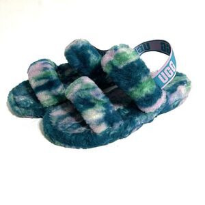 UGG Oh Yeah Marble Slide Slippers Aqua Blue Sheepskin 1122555 Women's US 9